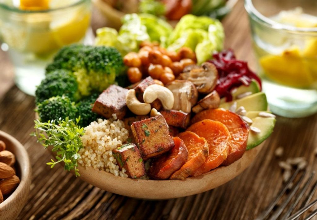 Tofu, Vegetables, Nuts making a good Vegan bowl